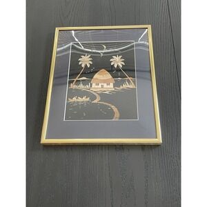 Vintage Framed Handcrafted Asian Straw Art Wall Decor Palm Tree Scene